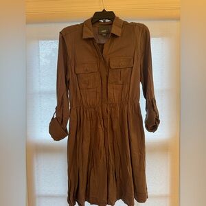 Maeve Adjustable Long Sleeve Olive Dress, collared with pockets